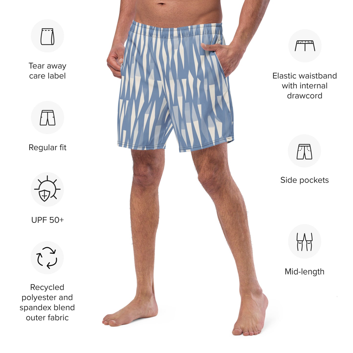 Icefall Stack Close-up of the left chest print on Farshore Passage Swim Trunks, high-performance recycled 4-way stretch swim trunks by VYRN