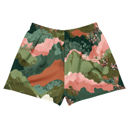 Olive Bloom Shorts with a nature-themed camouflage pattern on a white background