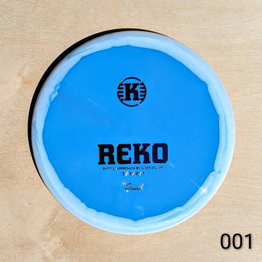 Blue disc with 'REKO' and 'K' logo on a beige background