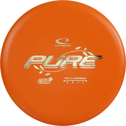 Orange disc golf putter with 'Latitude 64' and 'Pure' branding on a white background