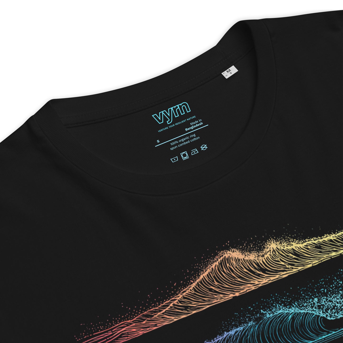Black t-shirt with colorful abstract design on a white background