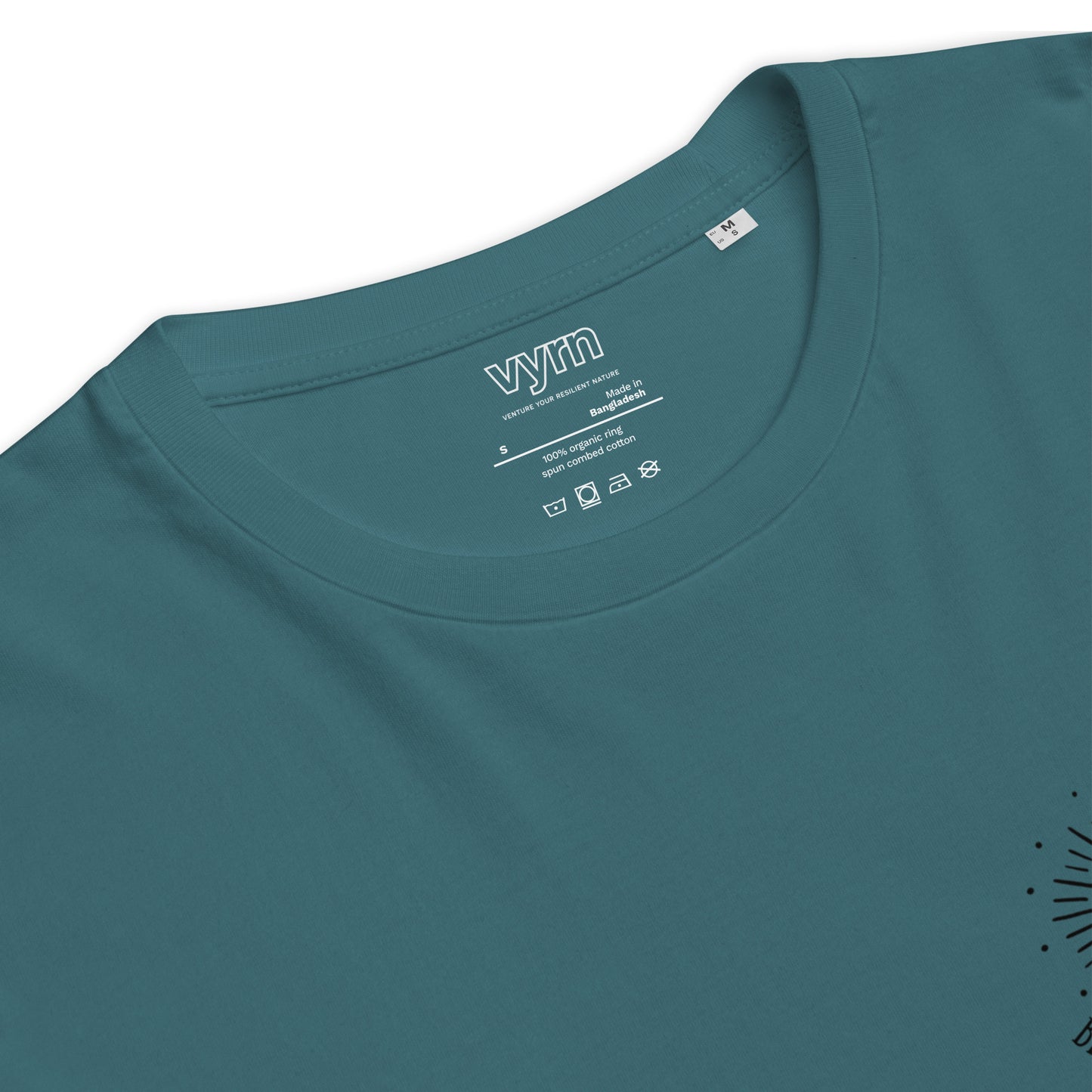 Stargazer Teal t-shirt with 'vym' brand label on a white background