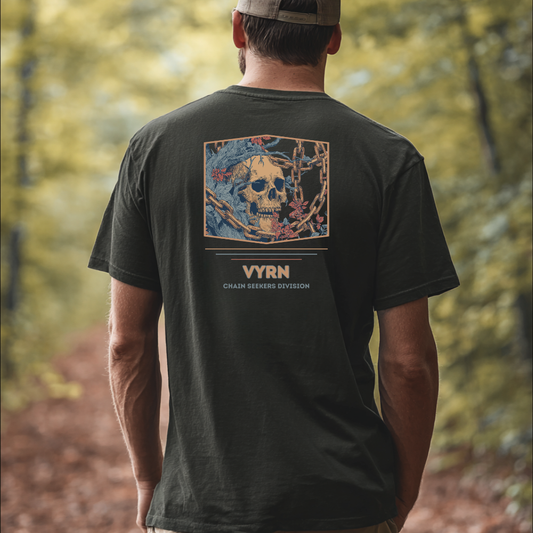 khaki Model wearing The Iron Roots Tee, a premium 100% organic cotton sustainable tee by VYRN