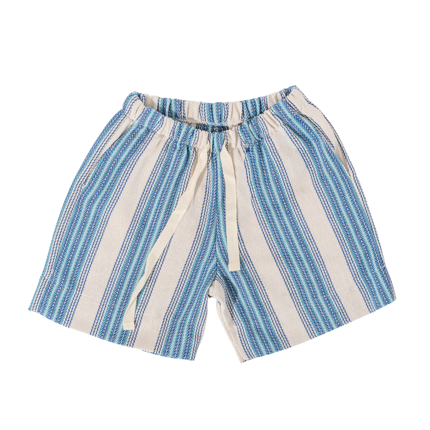 Caracol Beach blue and white striped shorts on a white background