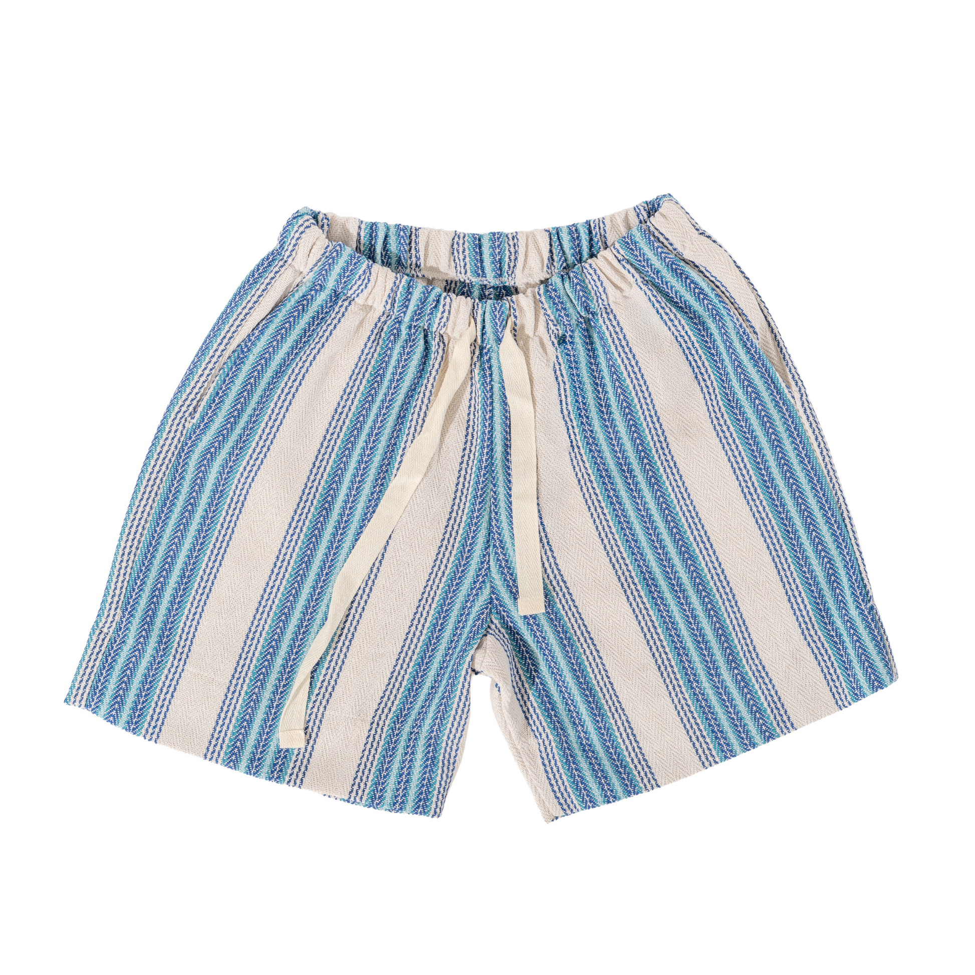Caracol Beach blue and white striped shorts on a white background
