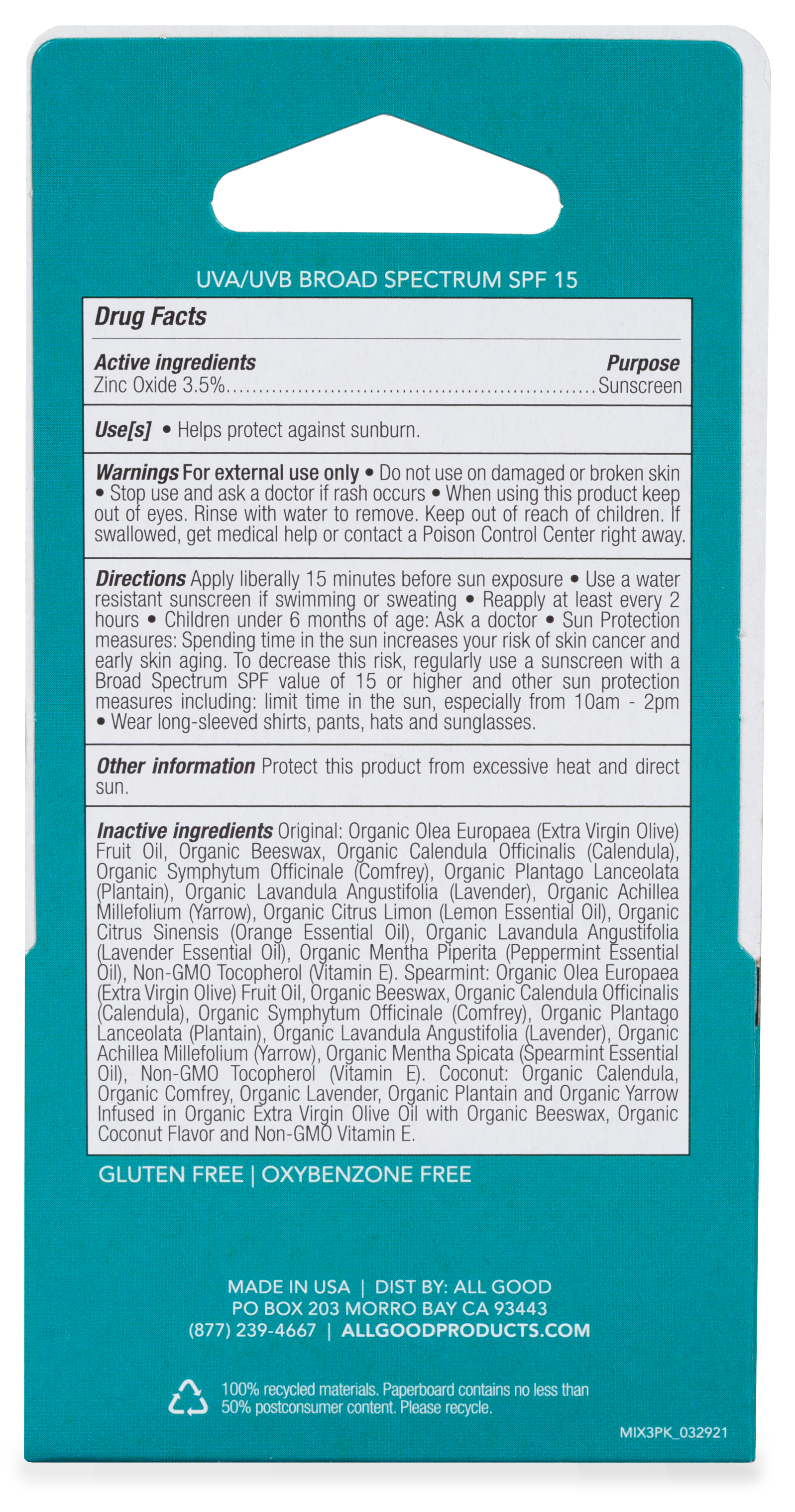 All Good SPF 15 organic lip balm 3-pack