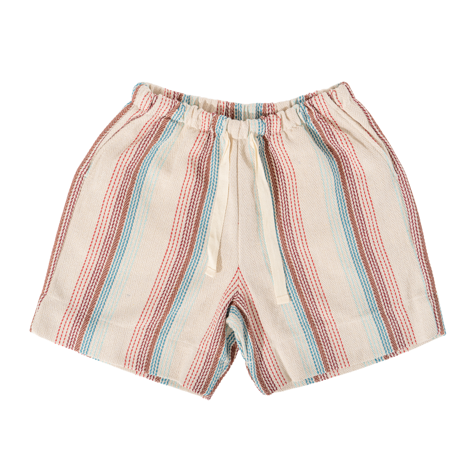 Merida Striped shorts with red and blue lines on a white background