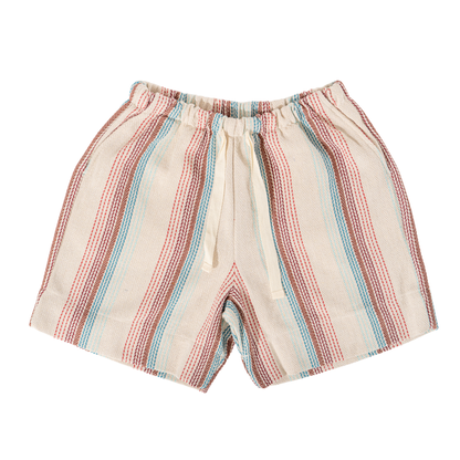 Merida Striped shorts with red and blue lines on a white background