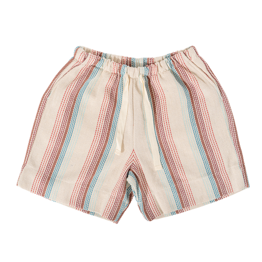 Merida Striped shorts with red and blue lines on a white background