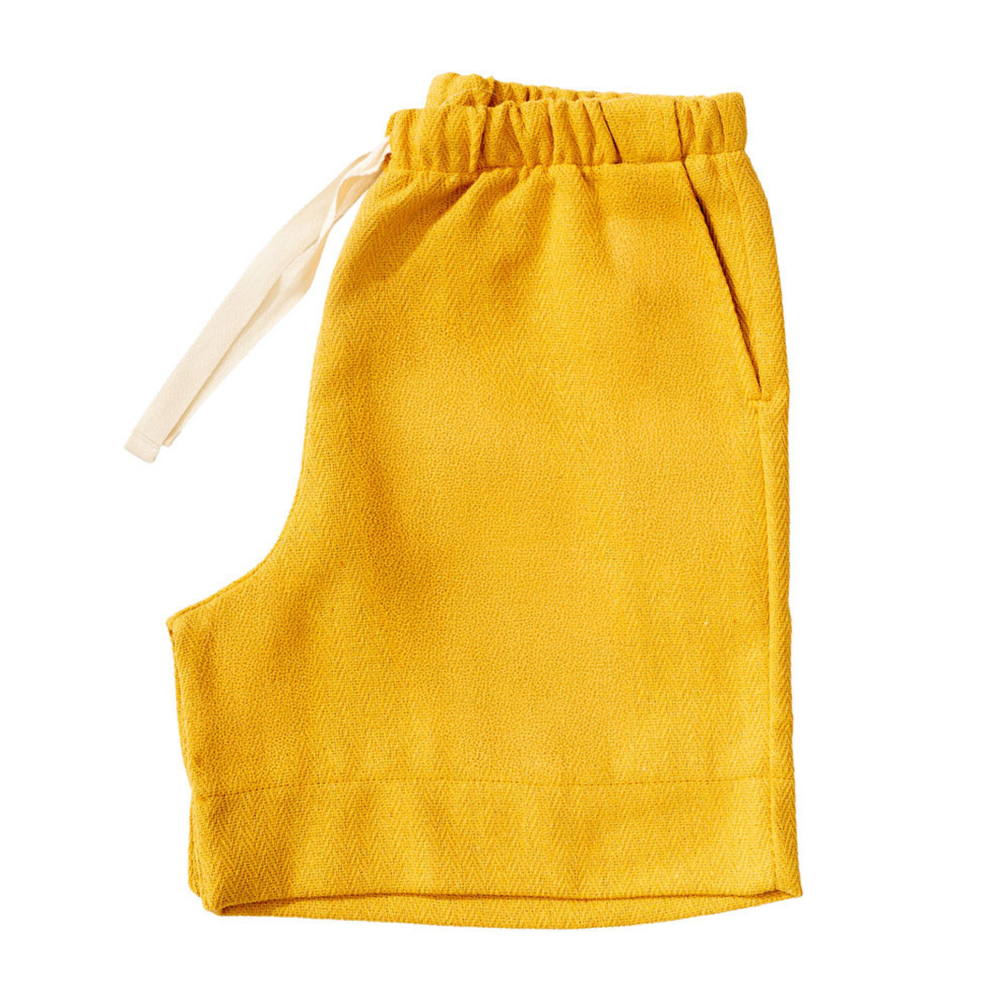 California Poppy Yellow shorts with drawstring on a white background