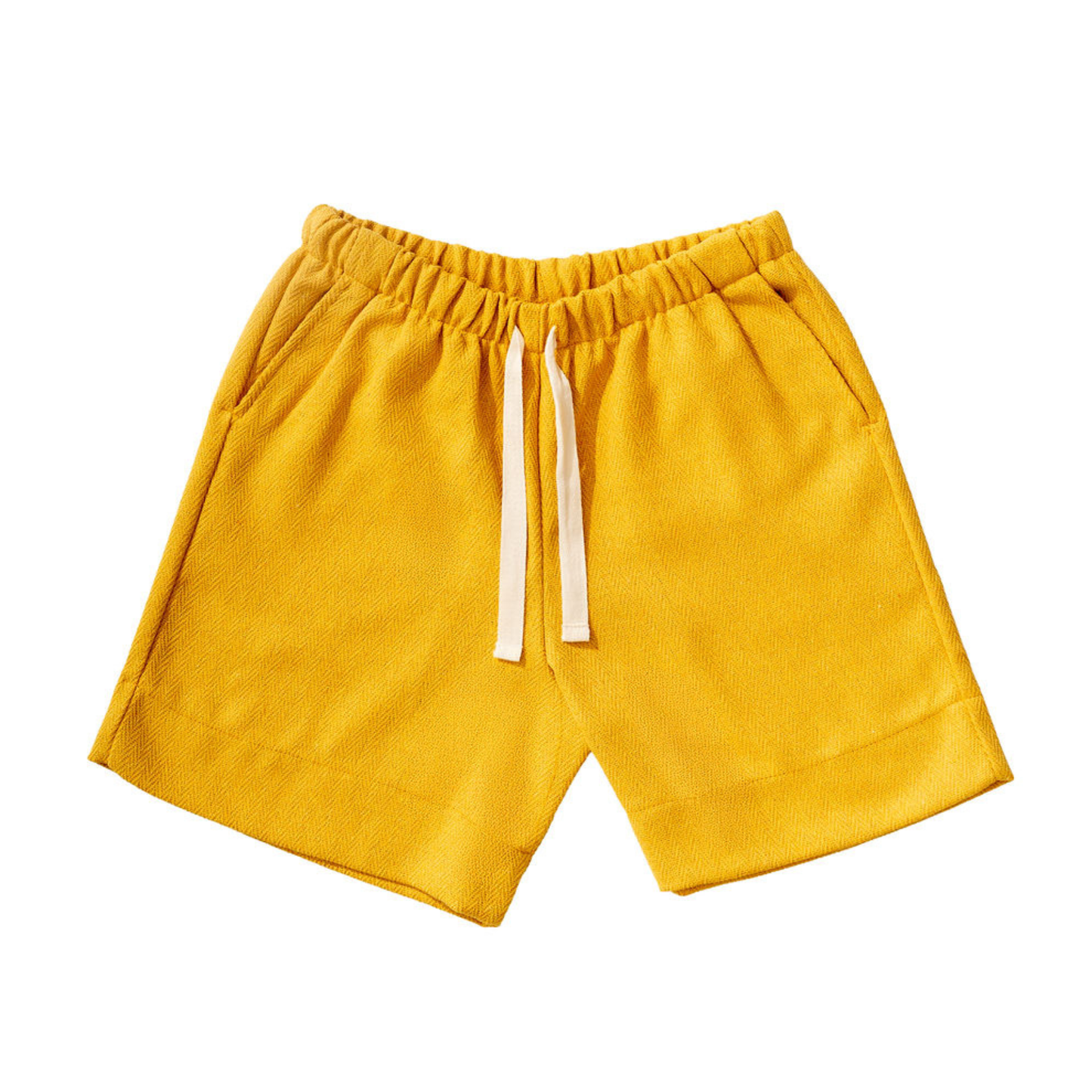  California Poppy yellow shorts with a drawstring on a white background