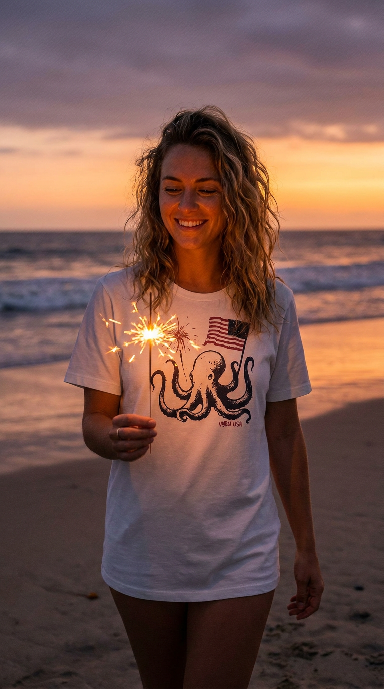 white Woman on a beach holding a sparkler at sunset, wearing a white t-shirt with a graphic design.