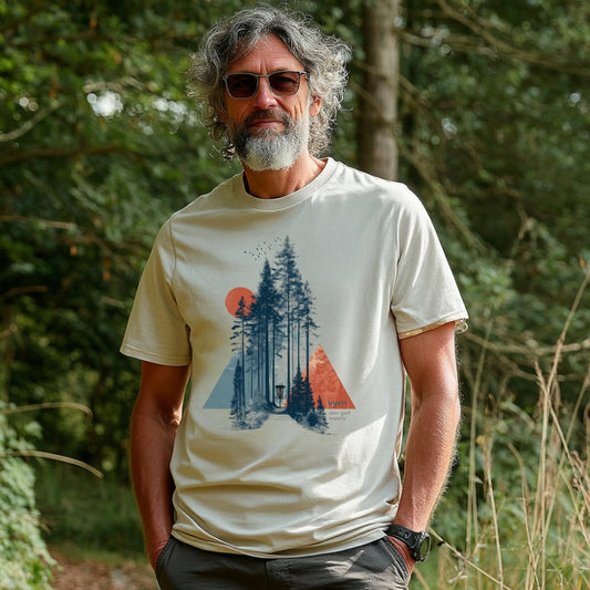 desert dust Model wearing The Forest Glide Tee, a premium 100% organic cotton sustainable tee by VYRN