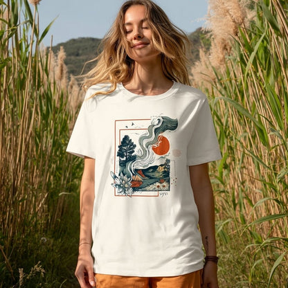 Off White Model wearing The Solar Current Tee, a premium women's organic cotton ribbed tee by VYRN