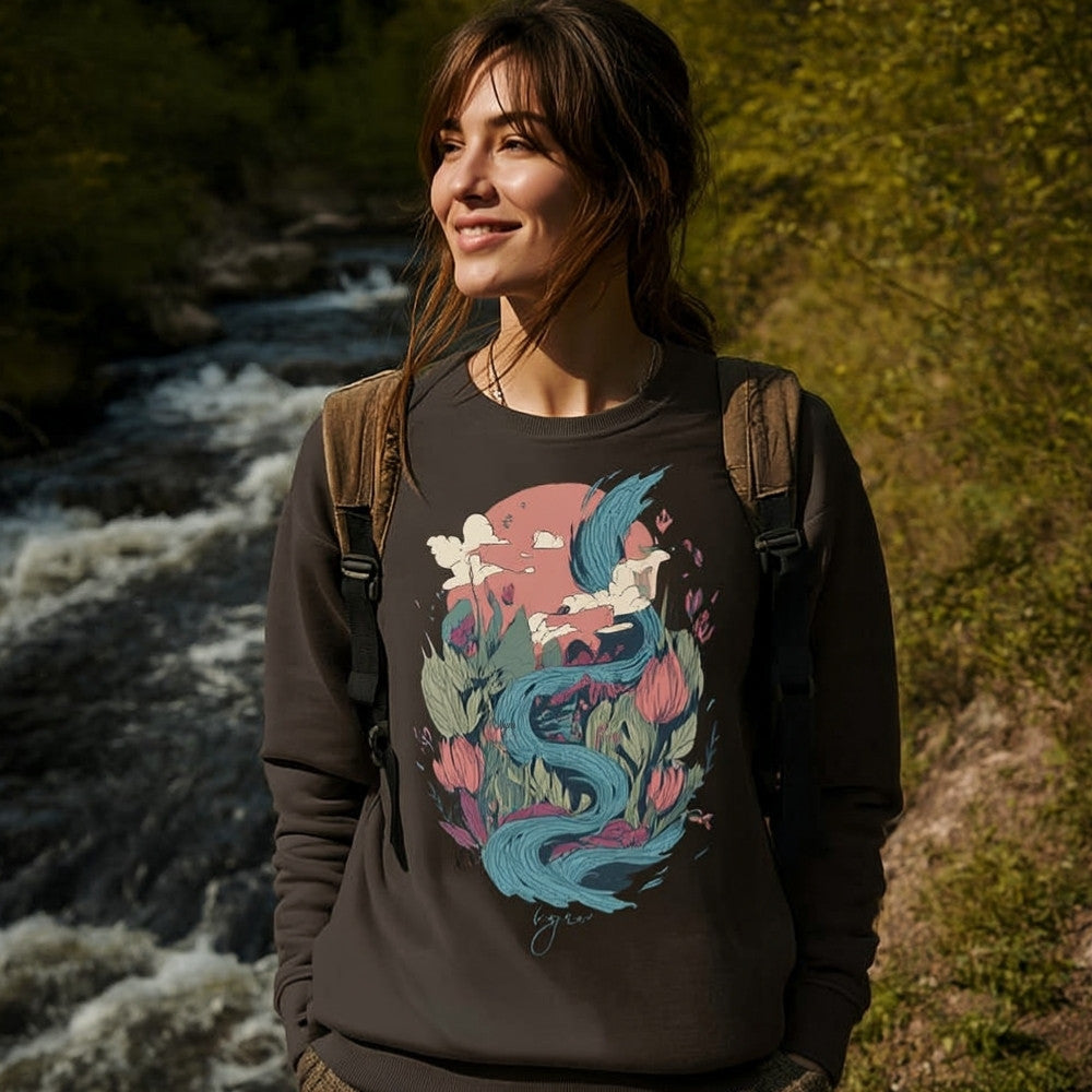 Deep Charcoal Grey Model wearing The Winding Waters Crewneck, a premium heavyweight organic cotton sweatshirt by VYRN