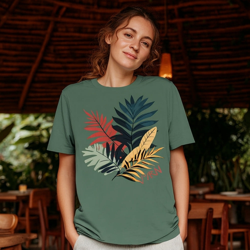 Green Bay Model wearing The Canopy Shadow Tee, a premium women's organic cotton ribbed tee by VYRN