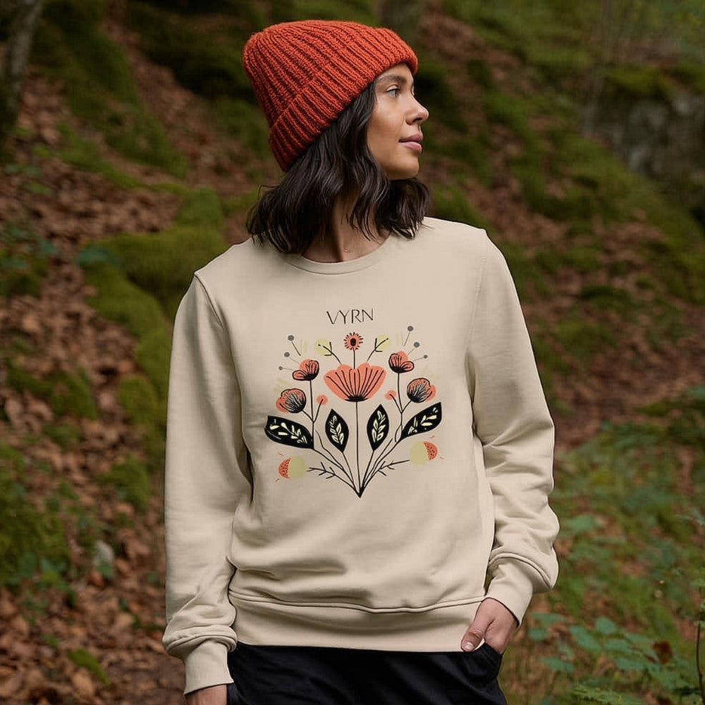 Desert Dust - The Desert Flora Sweatshirt on-model. Sustainable heavyweight fleece sweatshirt with desert wildflower design.