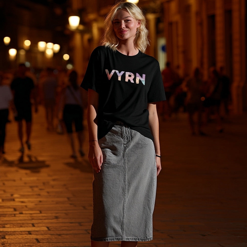 Black Model wearing The Vyrn Signature Tee, a premium women's organic cotton ribbed tee by VYRN