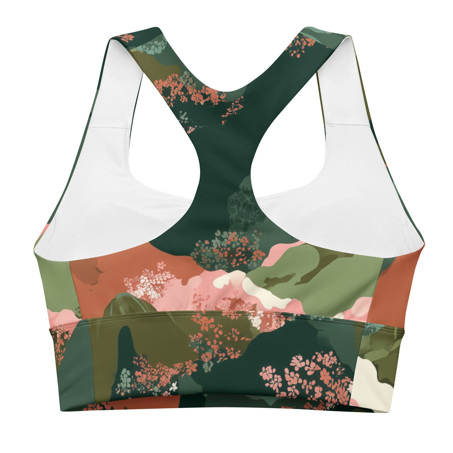Olive Bloom Sports bra with nature-themed design on a white background