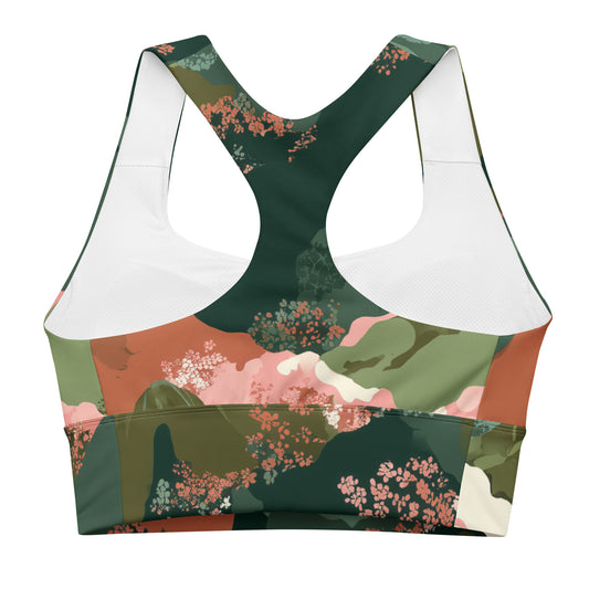 Olive Bloom Sports bra with nature-themed design on a white background