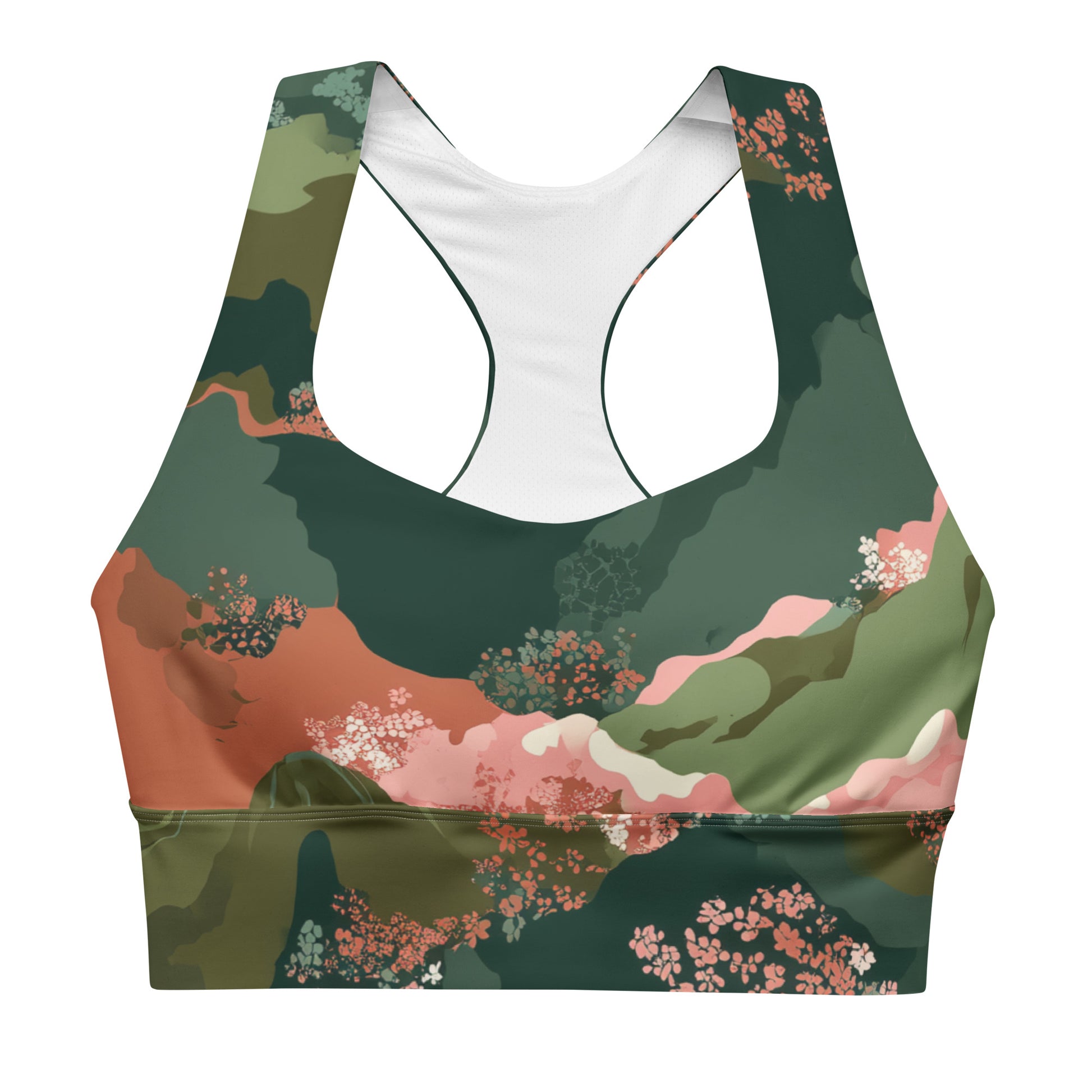 Olive Bloom Sports bra with nature-themed design on a white background