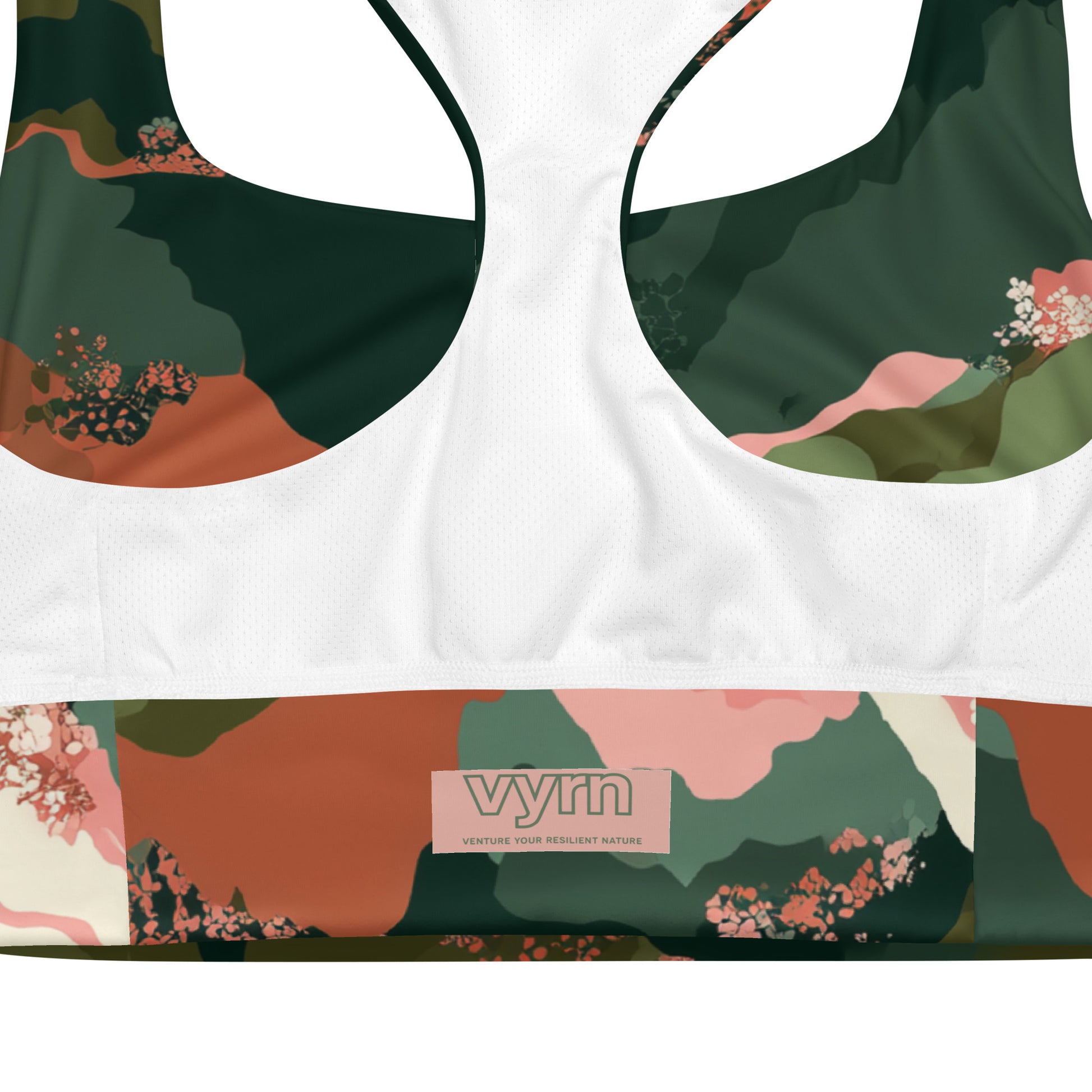 Olive Bloom  sports bra with floral pattern and 'vyrn' brand logo on a white background