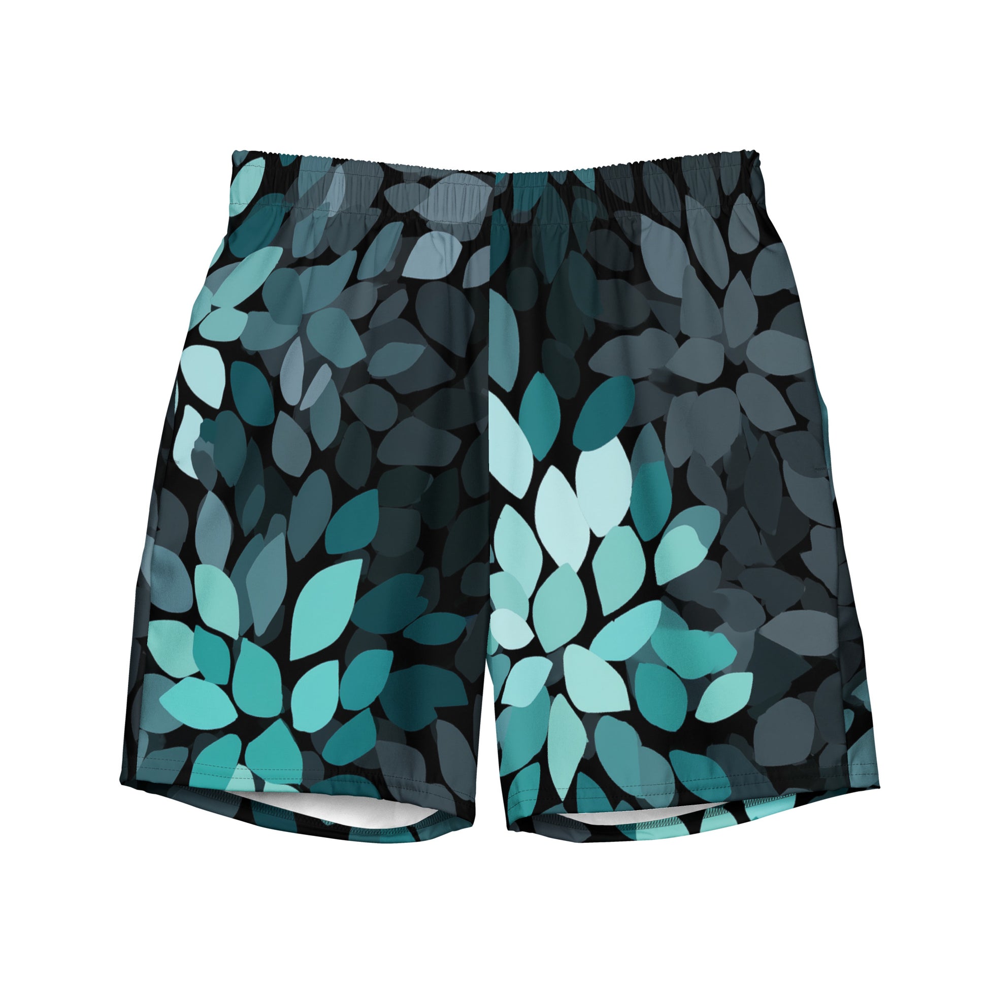 Cove Foliage Flat lay front view of Midnight Meadow Swim Trunks, high-performance recycled 4-way stretch swim trunks by VYRN