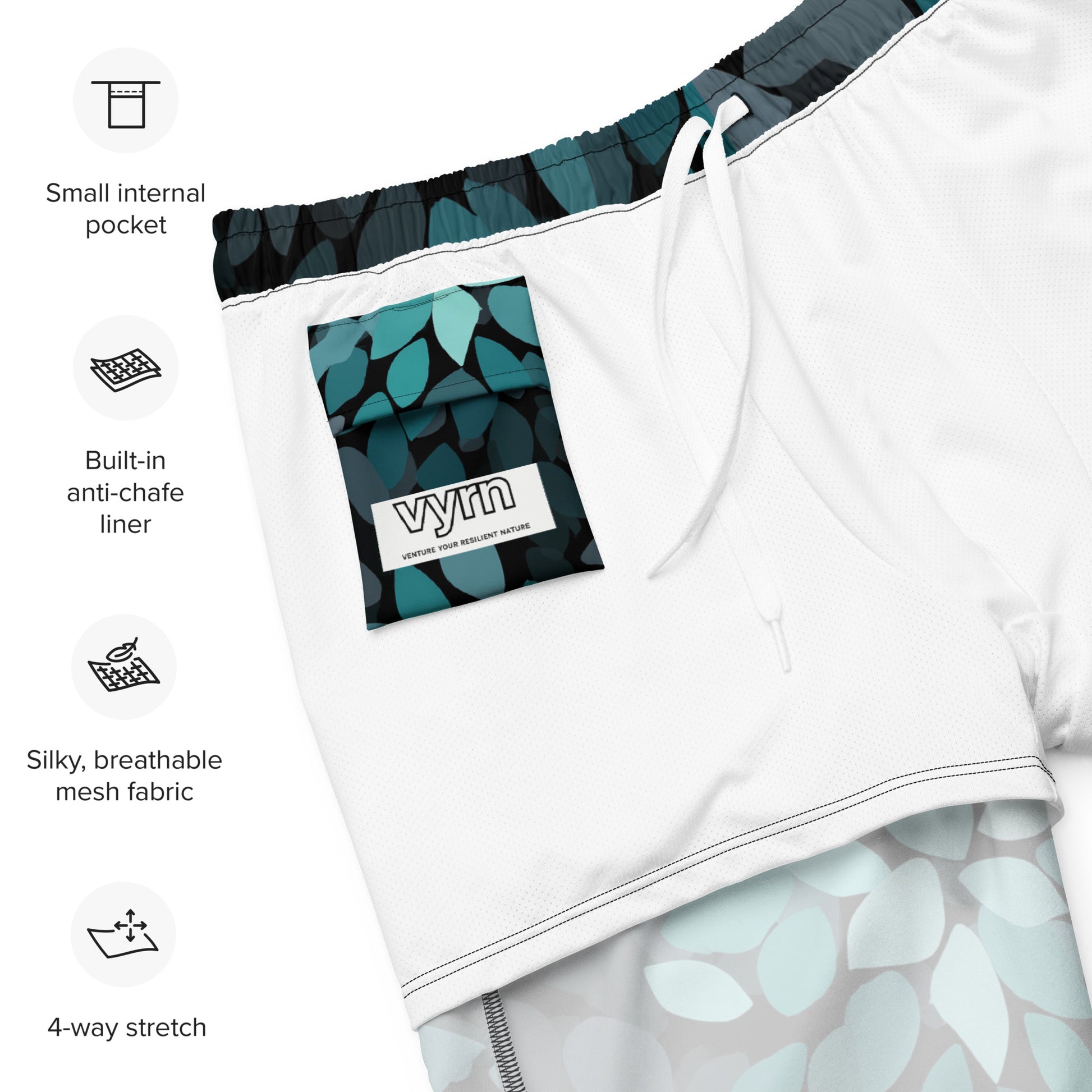 Cove Foliage Close-up detail of the graphic and fabric texture on Midnight Meadow Swim Trunks by VYRN