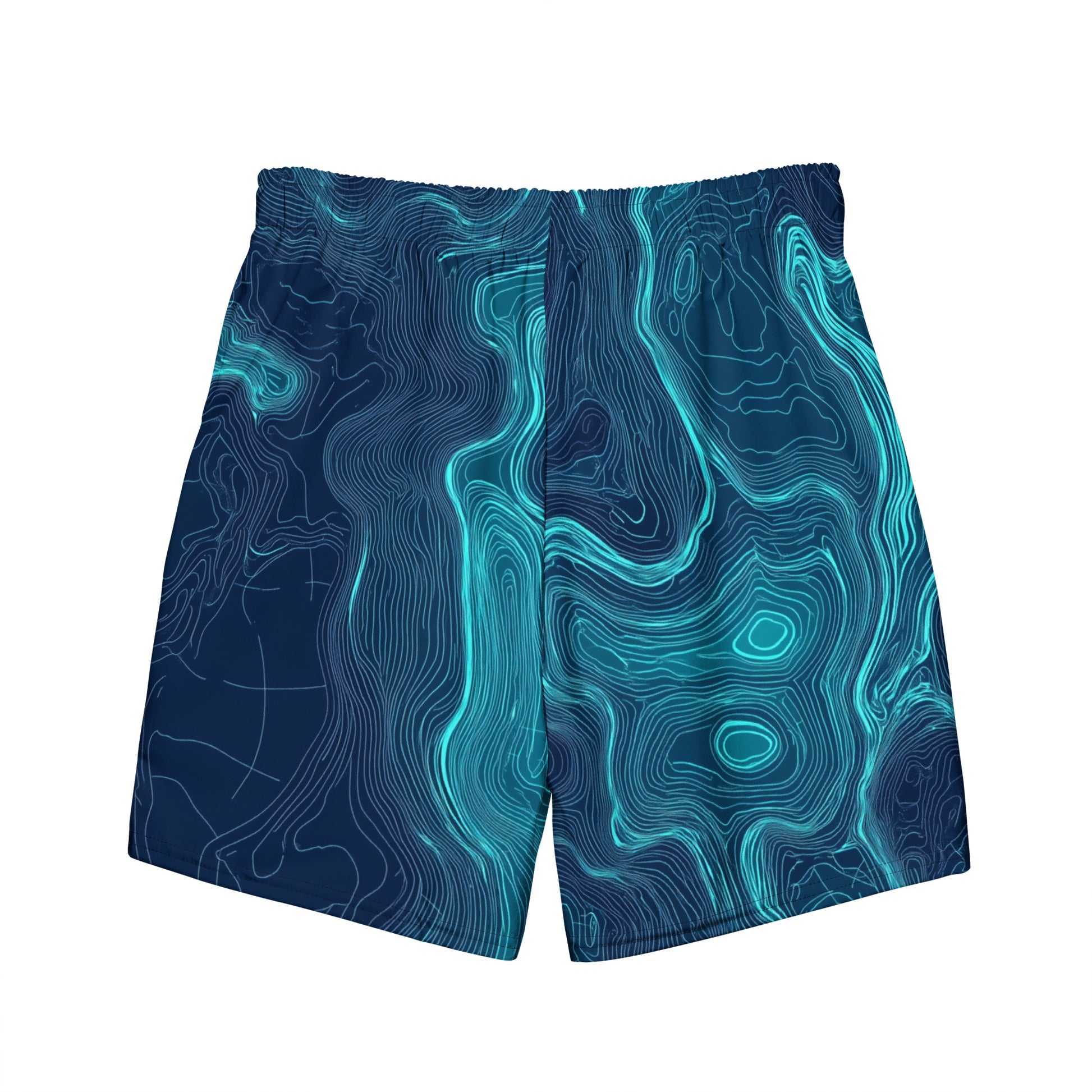 Seafloor Contour Flat lay back view of Seafloor Contour Swim Trunks, high-performance recycled 4-way stretch swim trunks by VYRN