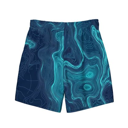 Seafloor Contour Flat lay back view of Seafloor Contour Swim Trunks, high-performance recycled 4-way stretch swim trunks by VYRN