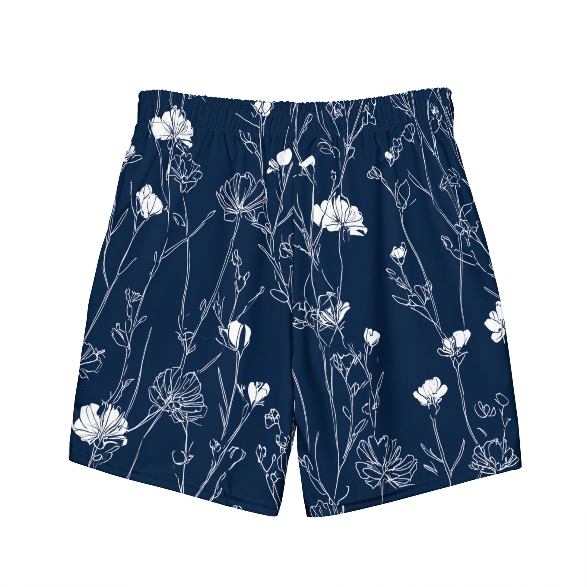 Midnight Meadow Flat lay back view of Midnight Meadow Swim Trunks, high-performance recycled 4-way stretch swim trunks by VYRN