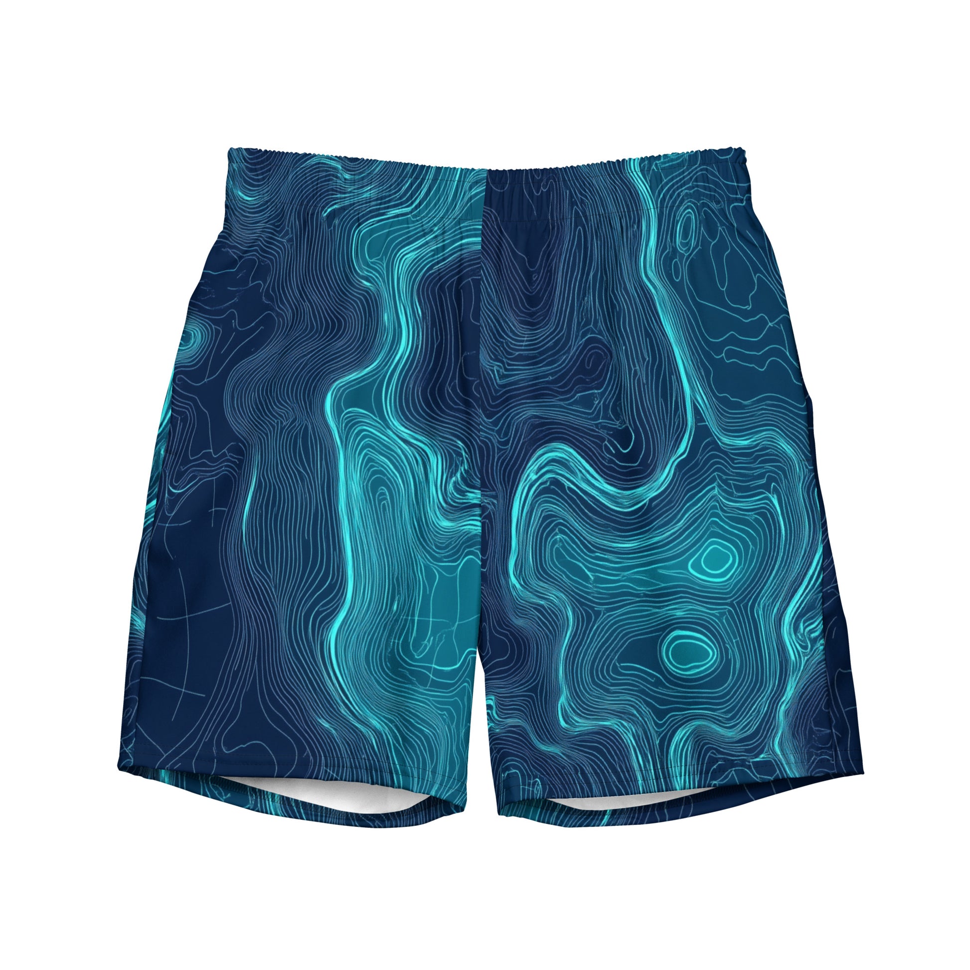 Seafloor Contour Flat lay front view of Seafloor Contour Swim Trunks, high-performance recycled 4-way stretch swim trunks by VYRN