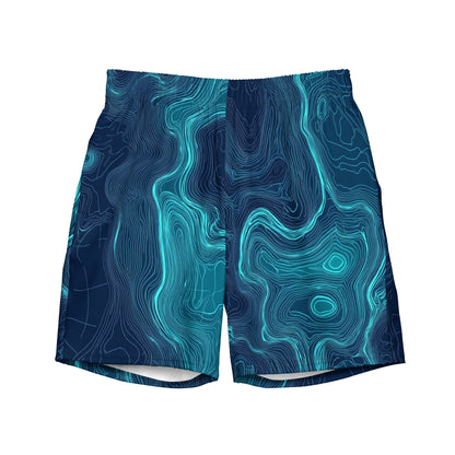 Seafloor Contour Flat lay front view of Seafloor Contour Swim Trunks, high-performance recycled 4-way stretch swim trunks by VYRN