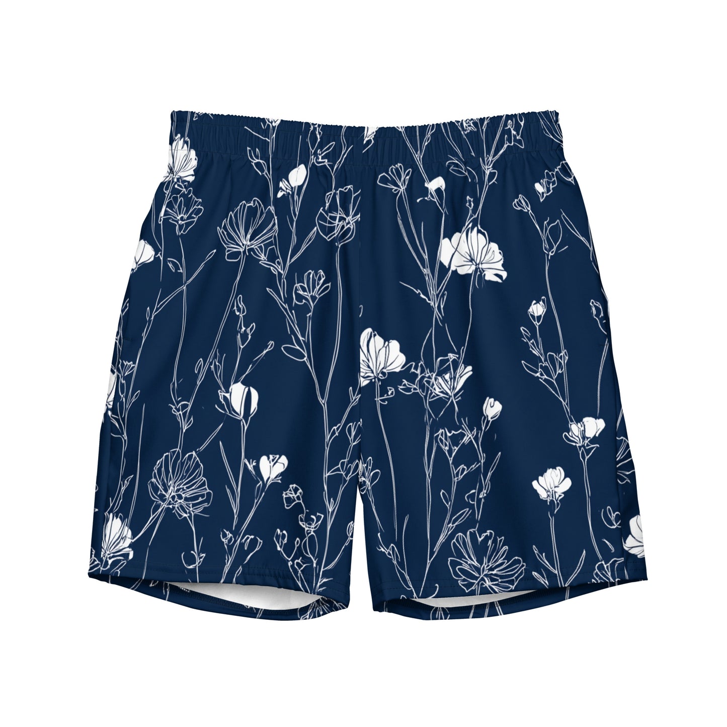 Midnight Meadow Flat lay front view of Midnight Meadow Swim Trunks, high-performance recycled 4-way stretch swim trunks by VYRN