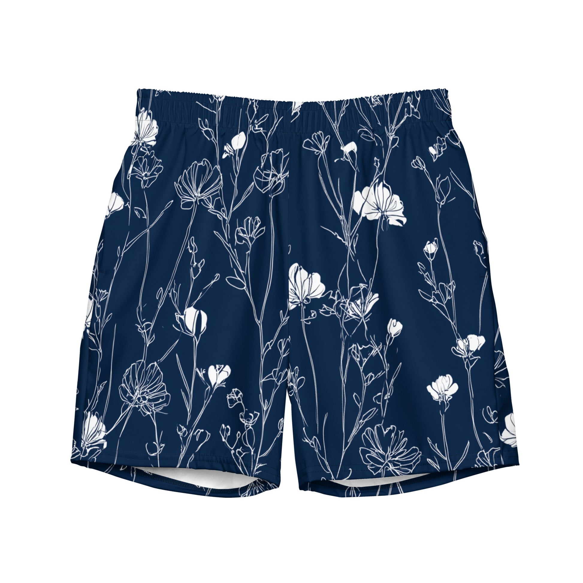 Midnight Meadow Flat lay front view of Midnight Meadow Swim Trunks, high-performance recycled 4-way stretch swim trunks by VYRN
