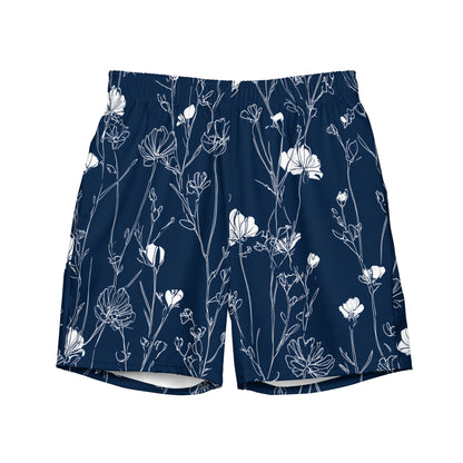 Midnight Meadow Flat lay front view of Midnight Meadow Swim Trunks, high-performance recycled 4-way stretch swim trunks by VYRN