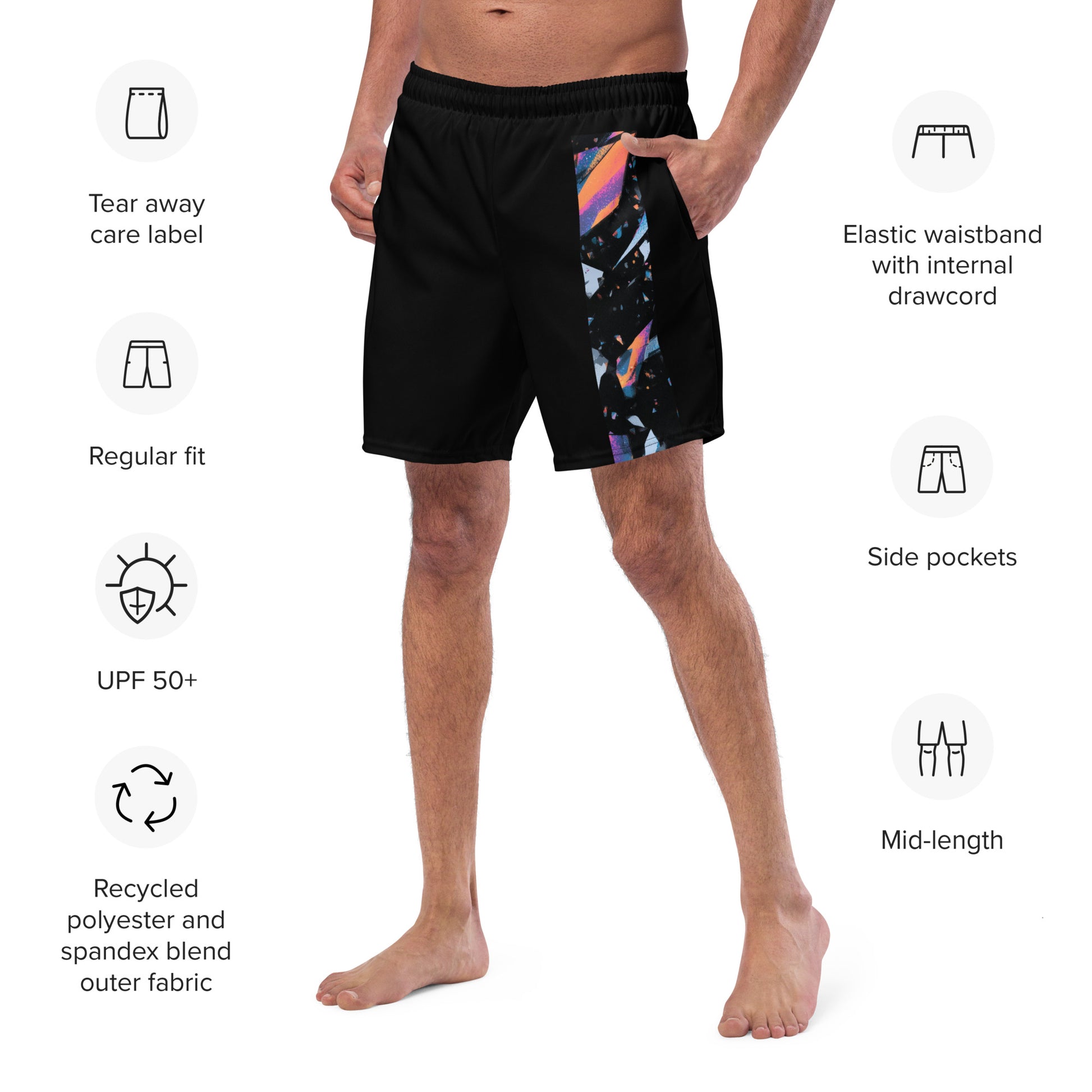 Prism Close-up of the left chest print on Side-Shore Swim Trunks, high-performance recycled 4-way stretch swim trunks by VYRN