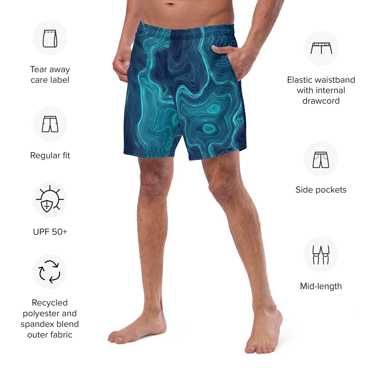 Seafloor Contour Close-up of the left chest print on Seafloor Contour Swim Trunks, high-performance recycled 4-way stretch swim trunks by VYRN