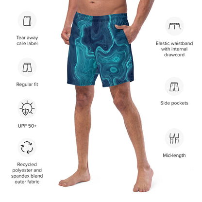 Seafloor Contour Close-up of the left chest print on Seafloor Contour Swim Trunks, high-performance recycled 4-way stretch swim trunks by VYRN