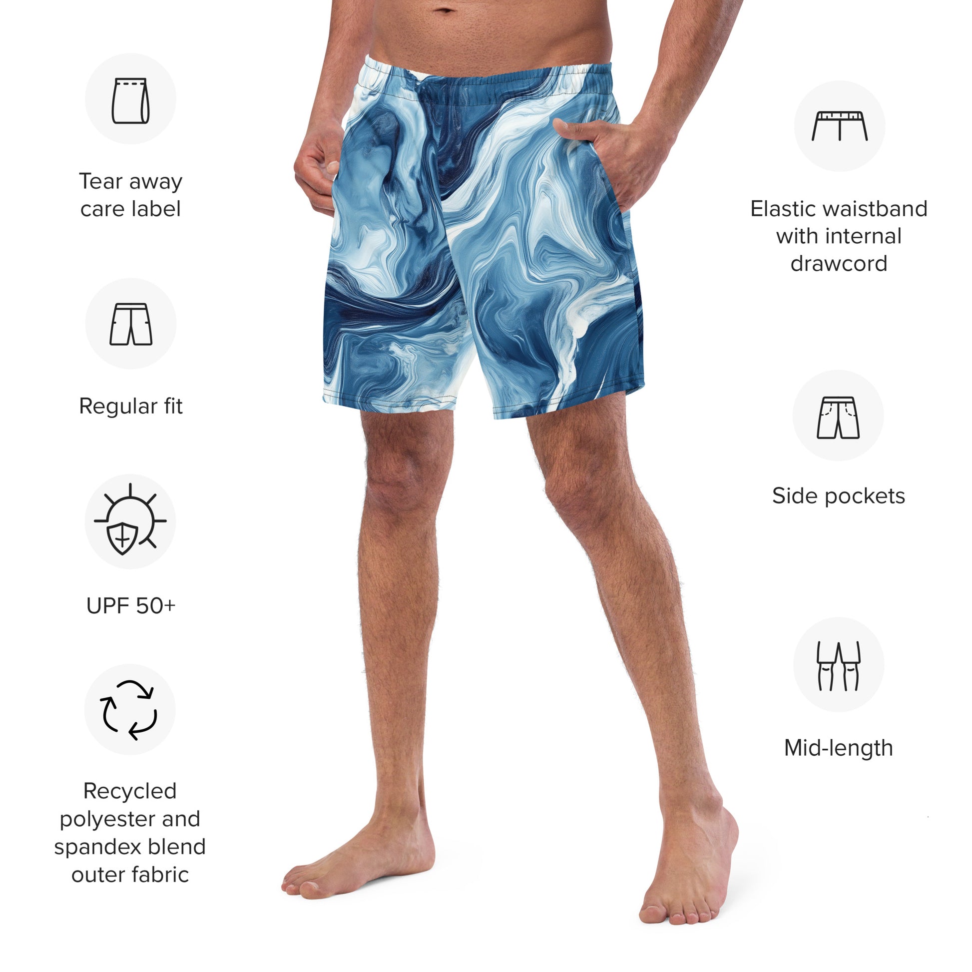 Tidal Pool Close-up of the left chest print on Seafloor Contour Swim Trunks, high-performance recycled 4-way stretch swim trunks by VYRN