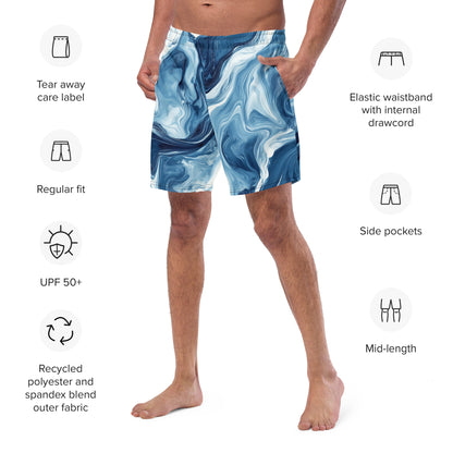 Tidal Pool Close-up of the left chest print on Seafloor Contour Swim Trunks, high-performance recycled 4-way stretch swim trunks by VYRN