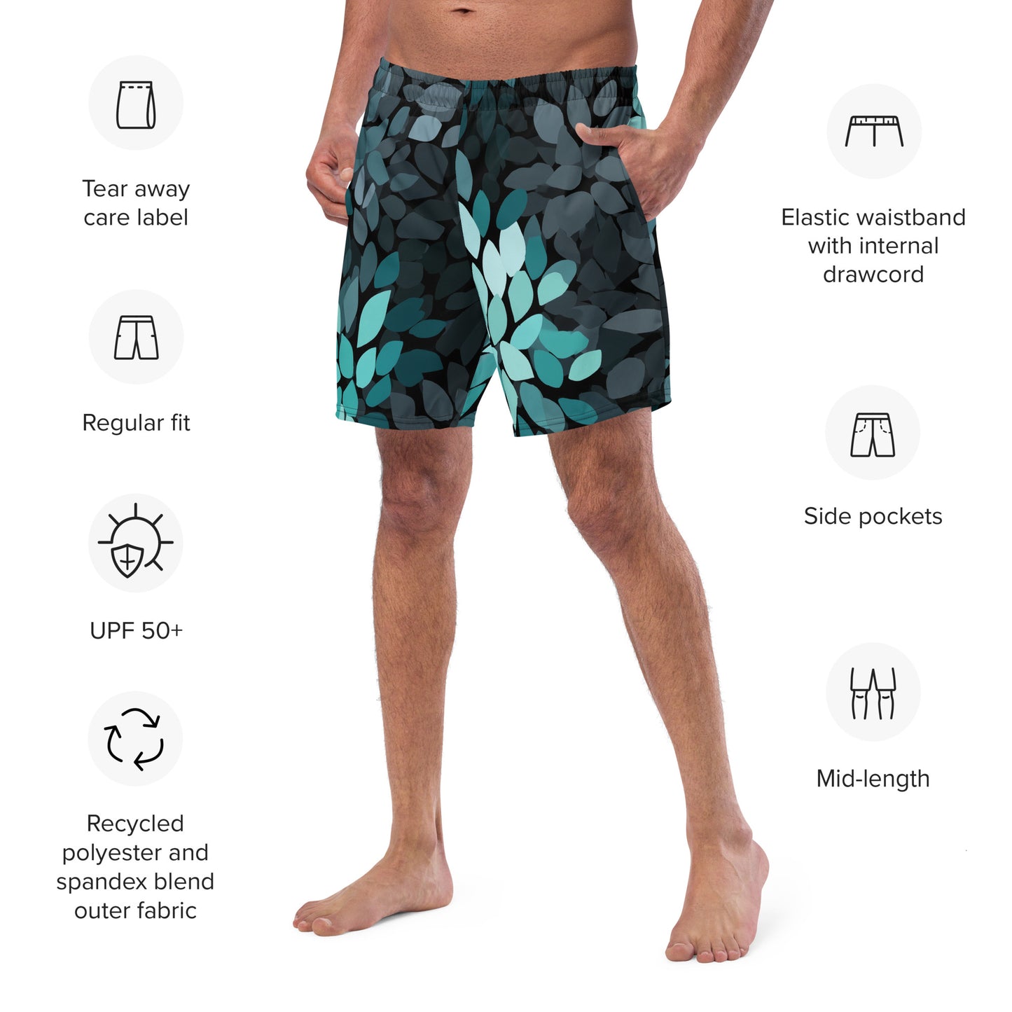 Cove Foliage Close-up of the left chest print on Midnight Meadow Swim Trunks, high-performance recycled 4-way stretch swim trunks by VYRN