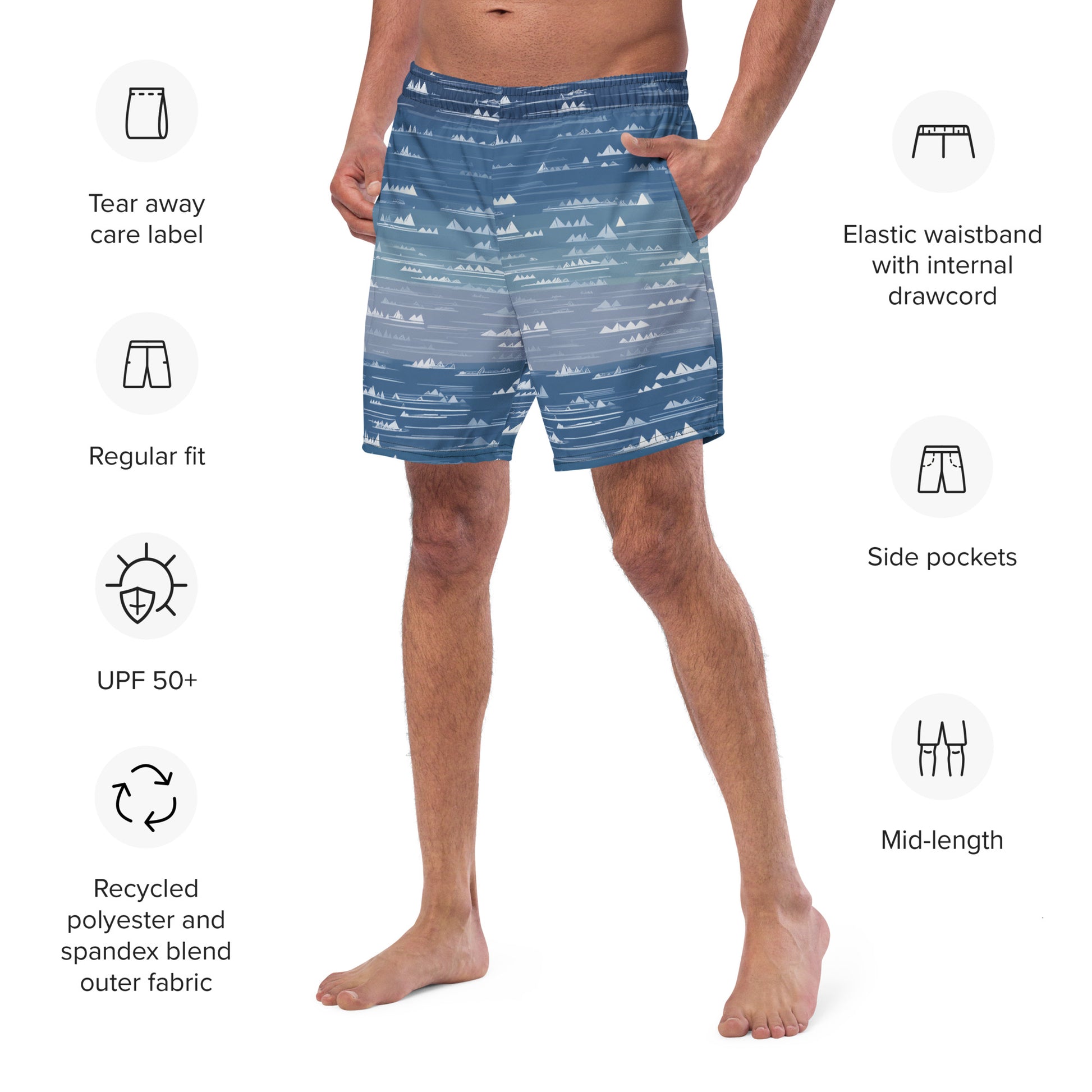 Farshore Passage Close-up of the left chest print on Farshore Passage Swim Trunks, high-performance recycled 4-way stretch swim trunks by VYRN