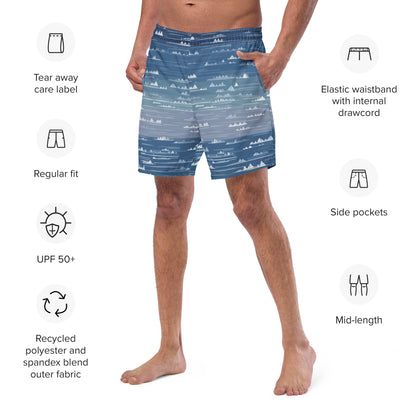 Farshore Passage Close-up of the left chest print on Farshore Passage Swim Trunks, high-performance recycled 4-way stretch swim trunks by VYRN