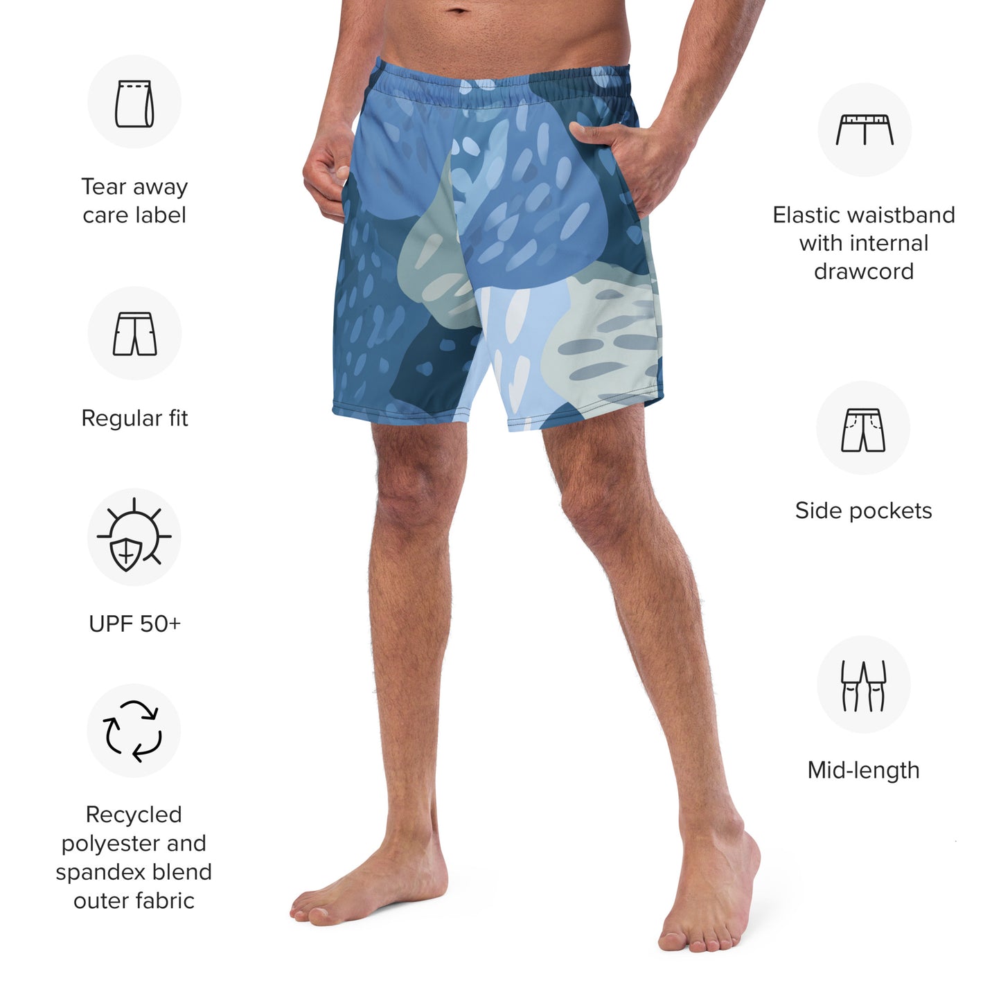 Lagoon Rise Close-up of the left chest print on Rockpool Channel Swim Trunks, high-performance recycled 4-way stretch swim trunks by VYRN