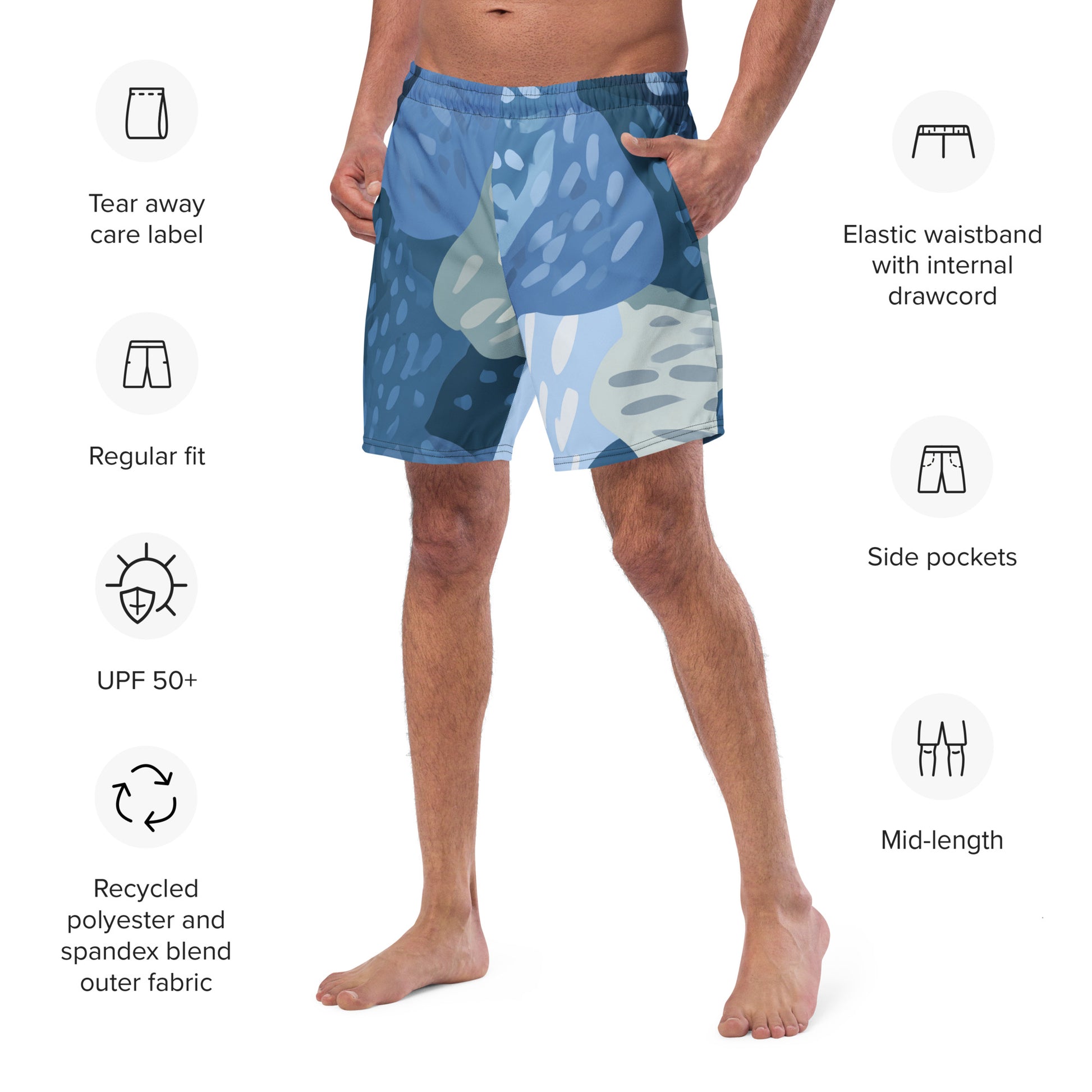 Lagoon Rise Close-up of the left chest print on Rockpool Channel Swim Trunks, high-performance recycled 4-way stretch swim trunks by VYRN