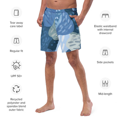 Lagoon Rise Close-up of the left chest print on Rockpool Channel Swim Trunks, high-performance recycled 4-way stretch swim trunks by VYRN