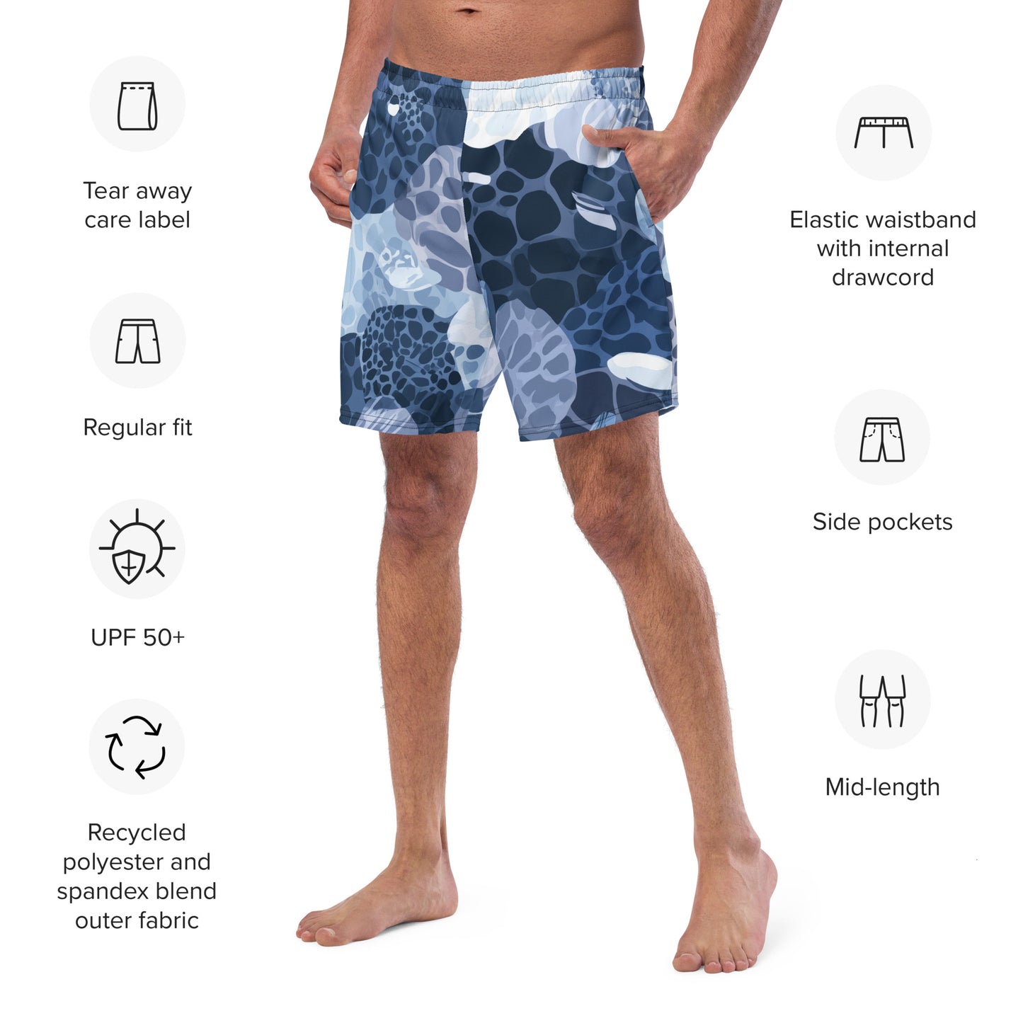 Rockpool Channel Close-up of the left chest print on Rockpool Channel Swim Trunks, high-performance recycled 4-way stretch swim trunks by VYRN