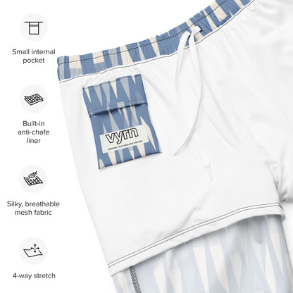 Icefall Stack Close-up detail of the graphic and fabric texture on Farshore Passage Swim Trunks by VYRN