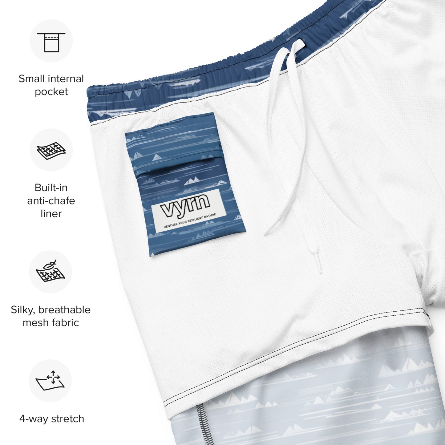 Farshore Passage Close-up detail of the graphic and fabric texture on Farshore Passage Swim Trunks by VYRN